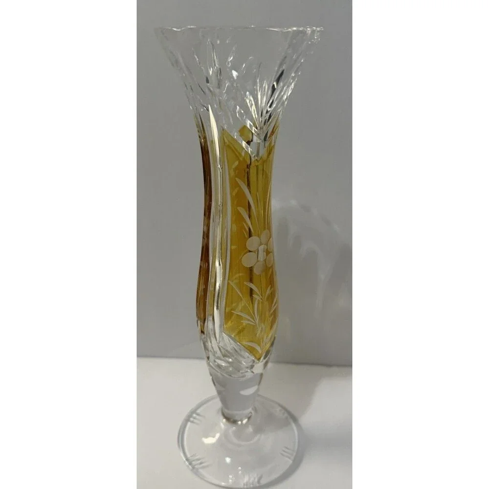 Clear & Amber Cut Glass Vase, Etched Floral Pattern, Decorative, 12 in